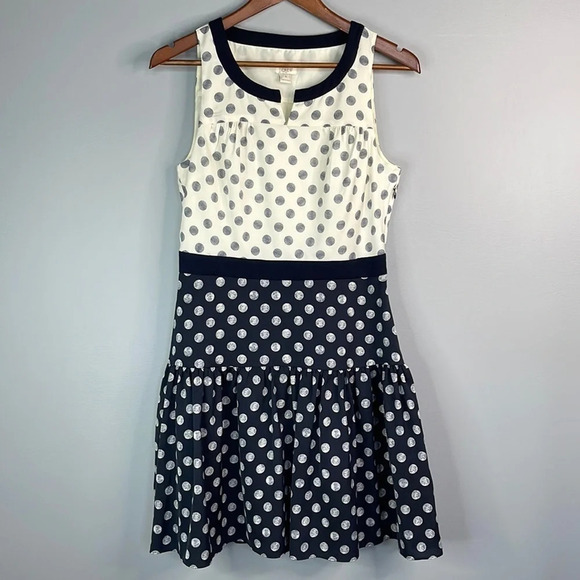 J.CREW Polka Dot Sleeveless Drop Waist Dress Navy Cream Tier Preppy Tennis 4 - Picture 9 of 9